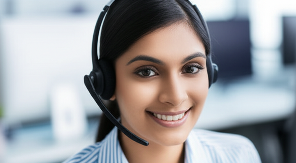 Indian female call center agent with headphones